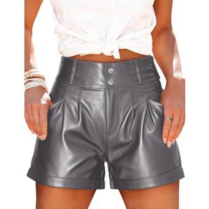Fallorchid Women's Faux Leather High Waist Shorts Pleated Wide Leg Pants Shorts with Pockets (Large, Gray)