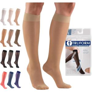 Truform Sheer Compression Stockings, 15-20 mmHg, Women's Knee High Length, 20 Denier, Light Beige, Large