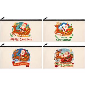 3 x Phicorn Christmas Zipper Pouches, 4-Pack 8"4.2" Canvas Bags with Santa & Reindeer DTF Prints for Holiday Gifts, Makeup & Everyday Carry