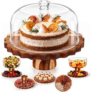 Acacia Wood Cake Stand with Acrylic Lid 12" 6-in-1 Dessert Table Display Holder Set for Birthday Wedding Party Kitchen Multi-purpose Serving Tray for Cheese, Salad, Chips, Fruit, Cake