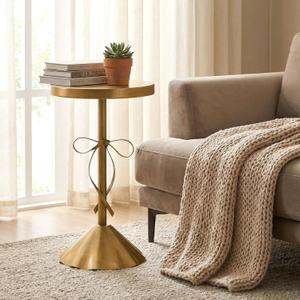 Heakrit Gold Drink Table, Metal Martini Side Table  11.9" x21.7'', Gold Small Accent Table with Bow Decoration, Pedestal End Table for Small Spaces