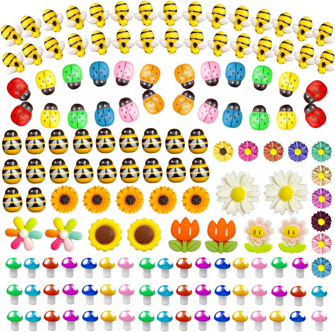 225 pcs Tiny Resin Bee Wooden Ladybug Daisy Flower Mushroom Decor, Bumble Bee Embellishment Epoxy Slime Charm Miniature Fairy Garden Accessories Figurines Micro Landscape Ornaments Scrapbooking