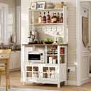 ChooChoo Farmhouse Bakers Rack with Power Outlets and Storage, Coffee Bar Cabinet with Storage, Microwave Stand Kitchen Cabinet with Hutch and 6 Hooks, Soft White & Brown