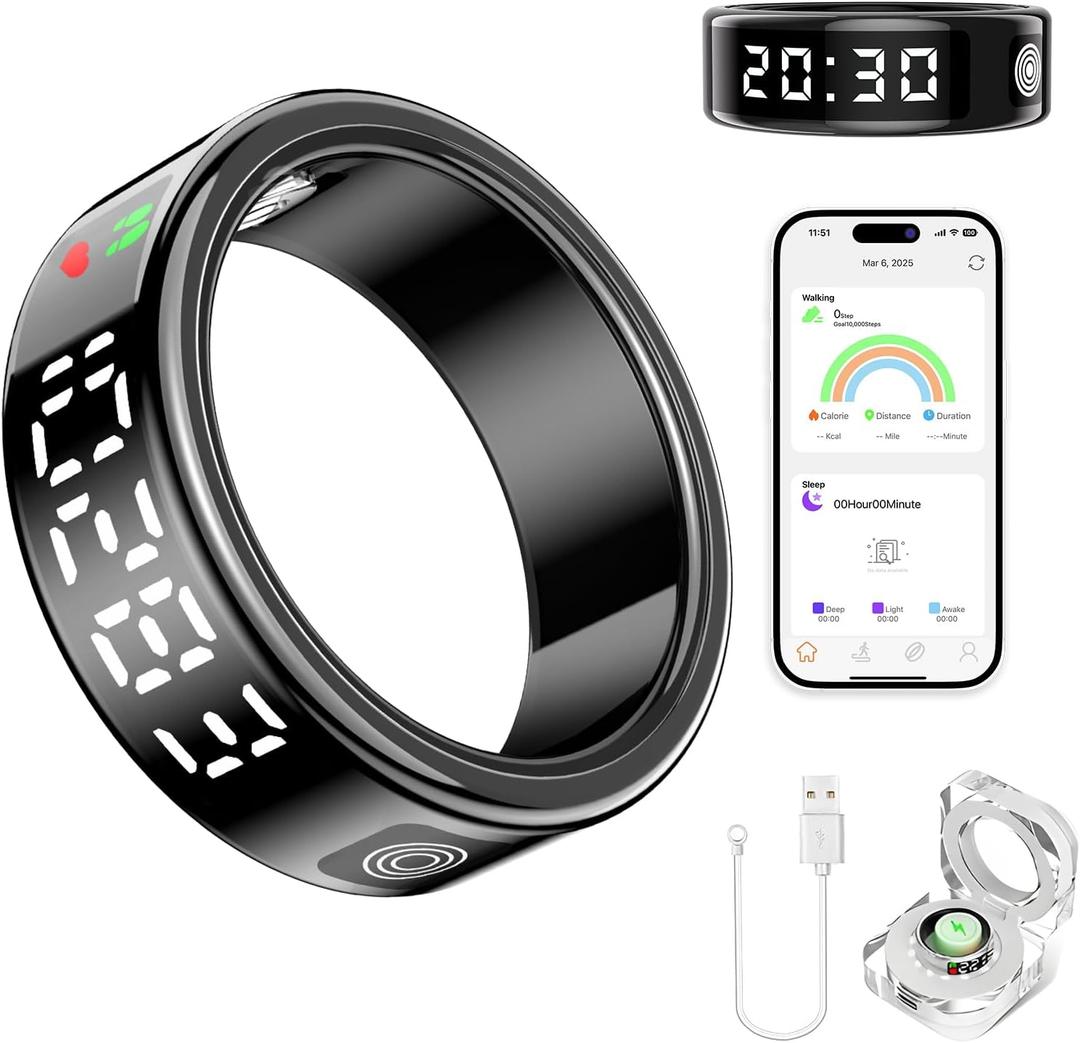 Smart Ring Health Tracker for Women & Men - IP68 Waterproof Fitness Rings with LED Screen, Heart Rate/Blood Oxygen/Sleep Monitoring/Motion Tracking, No Subscription Fee (11#)