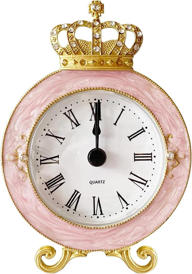 Vintage Mini Analog Table Clock, Silent Crown Table Clock with Hand-Painted Metal Body and Battery Operated Non-Ticking Core for Shelf, Living Room, Bedroom, Bedside, Desk (Pink)