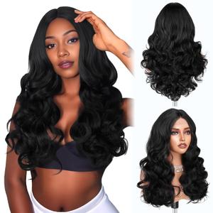 Small Lace Front Wig Middle Part Wavy Yaki Synthetic Wig Heat Resistant Fiber Natural Looking 18 Inch Wavy Wig for Women  Off Black
