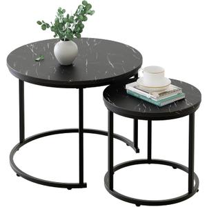 aboxoo Round Nesting Coffee Table Side Set of 2 End Tables for Living Room Bedroom Balcony,Black Faux Marble Wooden Table 23.6IN Accent Large Coffee Table with Steel Frame