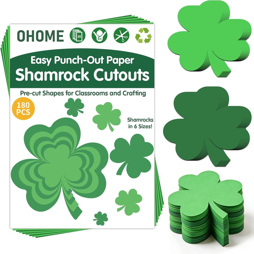 St Patricks Day Decorations - 180 PCS Shamrock Cutouts Pre-Cut Set | St Patricks Day Party Favors Supplies Accessories Decor for School Class - Spring Decor Shamrock Crafts Stickers for Bulletin Board