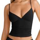 PINKMSTYLE Women's Sexy V Neck Ruched Cami Top Sleeveless Spaghetti Double Layer Fitted Crop Tank Tops (Black) XS 