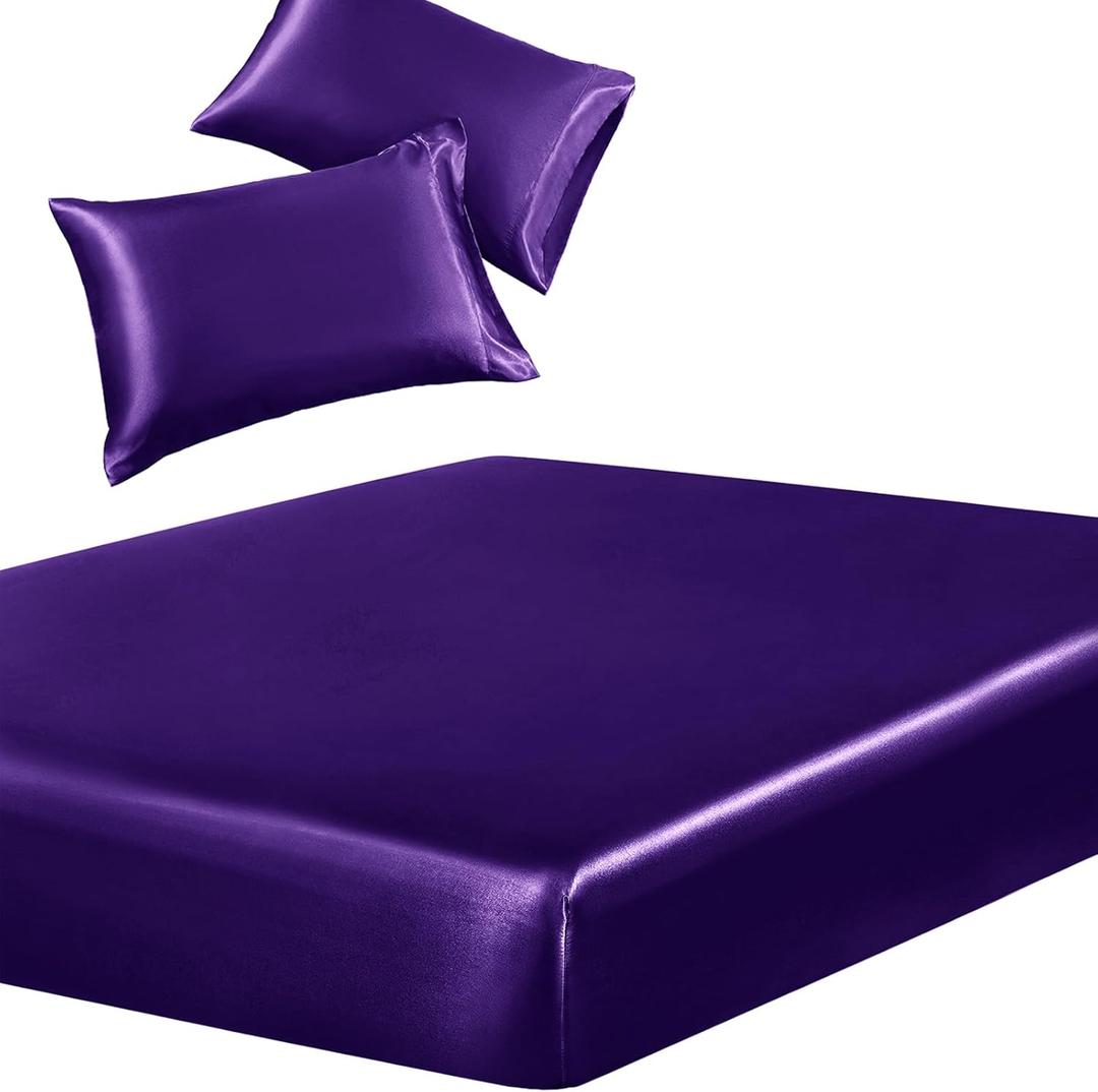 SiinvdaBZX 3-Piece Set Satin Queen Fitted Sheet & 2 Pillowcase, Purple Silky Soft Fitted Bottom Sheet, Wrinkle Free, Fade Resistant, Deep Pocket Bed Sheet (Deep Up to 15")
