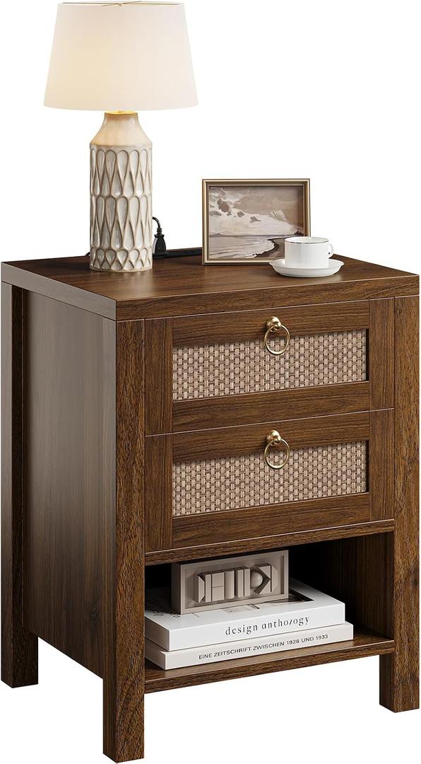 Rattan Night Stand with Drawers - Boho Nightstand with Charging Station, Bedside Table with Storage Shelf, Accent Side Table End Tables Living Room, Wood Nightstands for Bedroom, Walnut, 15.75"D x 18.11"W x 25.2"H