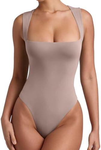 REORIA Butsmooth Womens Sexy Sleeveless Square Neck Double Lined Basic Bodysuit Tank Tops (Black), Size S