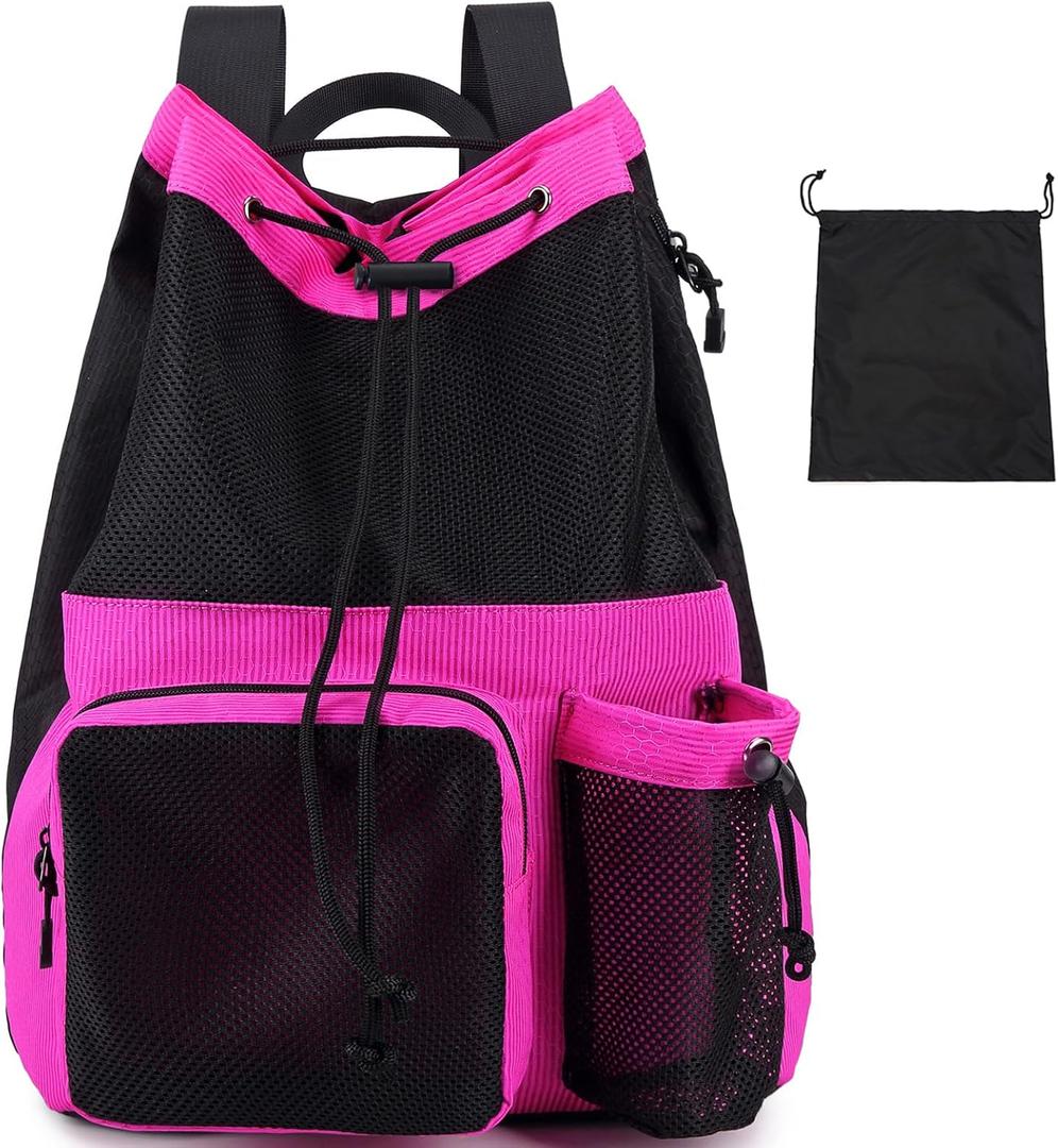 Lohol Large Mesh Drawstring Backpack with Shoe Bag, Durable Swimming String Sack with Handle for Sports Gym Yoga Beach Travel (Rose Pink)
