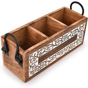 Caddy Mango Wood 3 Compartment Wooden Silverware Caddy Utensil Holder for Kitchen Countertop, Picnic, Buffet Party (11" x 4" x 4.5")