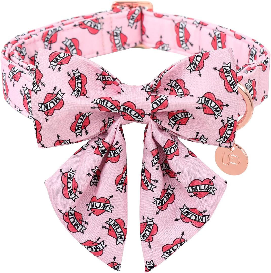 Mothers Dog Collar with Bow Tie, Cute Cotton Girl Dog Collar, Adorable Pink Bowtie Collars for Puppy Girl Dogs or Cat, Female Dogs Collars with Metal Buckle, S