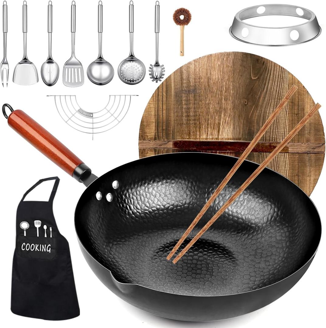 Carbon Steel Wok Pan, 14 Piece Woks & Stir-Fry Pans Set with Wooden Lid Cookwares, No Chemical Coated Flat Bottom Chinese Pan for Induction, Electric, Gas, Halogen All Stoves - 12.6''