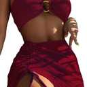 MakeMeChic Women's 3 Piece Bathing Suits Halter Ring Bikini Set with Cover Up Skirt Maroon S