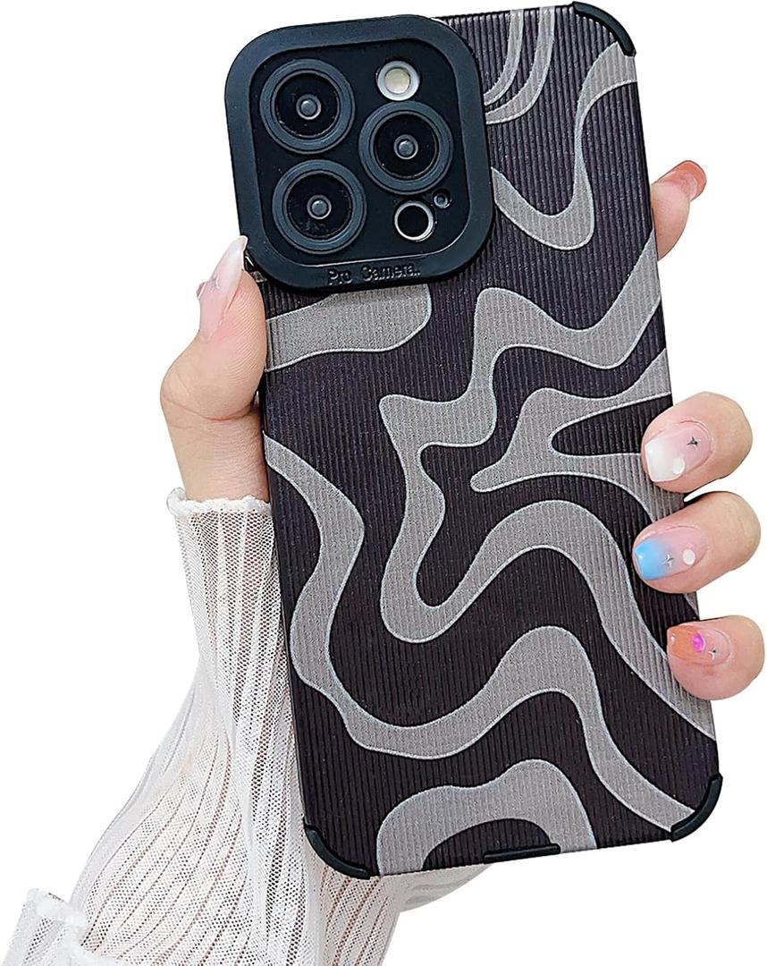 Designed for iPhone 13 Pro Max Phone Case, Soft PU Leather TPU and Cute Art Wavy Painted for Women Girls, Slim Protective Shockproof Compatible with iPhone Case (Grey, iPhone 13 Pro Max)