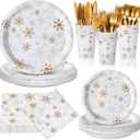 210 Pcs Winter Snowflake Tableware Set Winter Wonderland Party Supplies Disposable Snowflake Paper Plates Napkin Cup Plastic Knife Fork Spoon Party Dinnerwares (Gold)