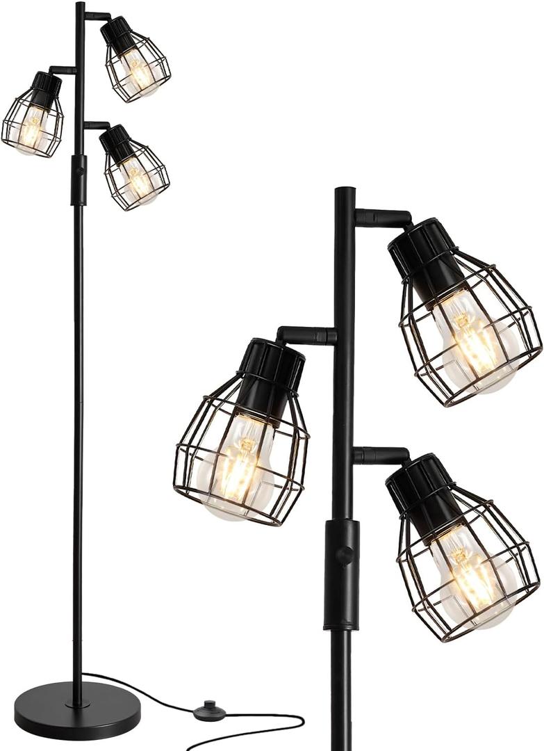 Oneach 64.25" Modern Floor Lamp for Living Room, Black Industrial Floor Lamp for Bedroom with 3X 4W LED Bulbs, 3 Light Rustic Standing Tall Lamp for Bedroom, Office (Black with 3 lights)