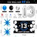 13th Birthday Decoration Set for Boys Girls, Official Teenager 13 Birthday Party Banner Backdrop, Large 13 Foil Balloons, Explosion Star Balloons, 13th Birthday Photo Props Decor, Blue Silver