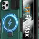 Magnetic Case for iPhone 11 Pro Max, with Ring Stand [Glass Screen Protector] [Compatible with MagSafe] Military Grade Case with Camera Cover, Heavy Duty Shockproof Cover for iPhone 11 ProMax, Green