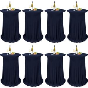 8 Packs Round Cocktail Table Skirt 32"x 43" Spandex Stretch Cocktail Tablecloth with Wavy Drapes, Navy Blue Spandex Fitted High Top Table Covers for Wedding Bar Party Birthday Banquet Table