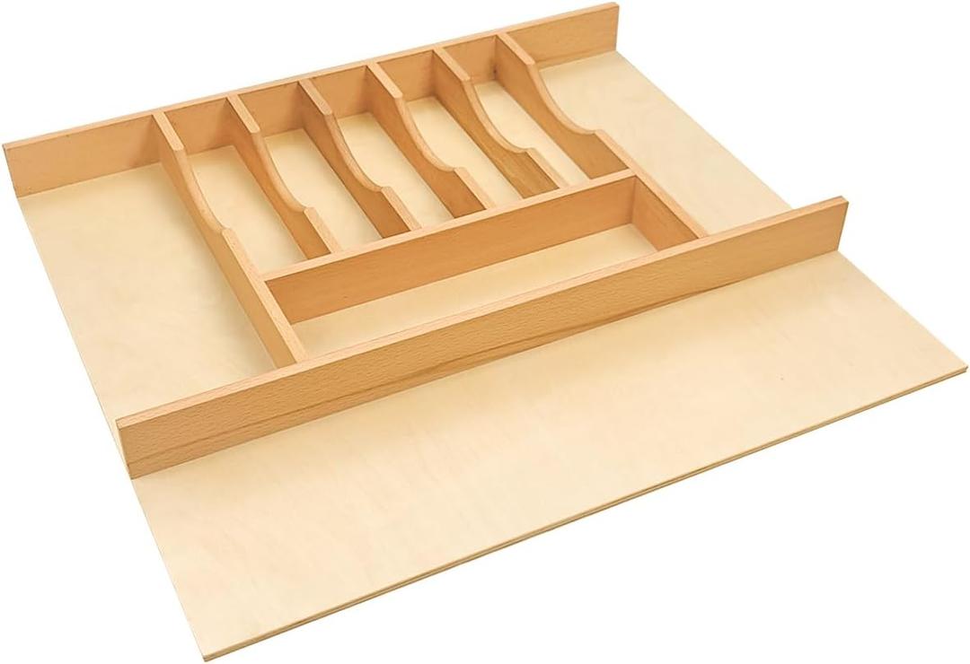 Silverware Drawer Organizer - Trim-to-Fit with Adjustable Dividers for Kitchen Utensil Storage, Beech Wood Frame with 11 Sizes (24.63" W x 22" D)