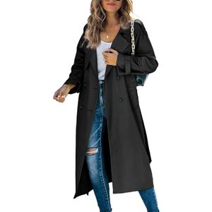 Makkrom Women's Double Breasted Long Trench Coat Windproof Classic Lapel Slim Overcoat with Belt (Black, L)