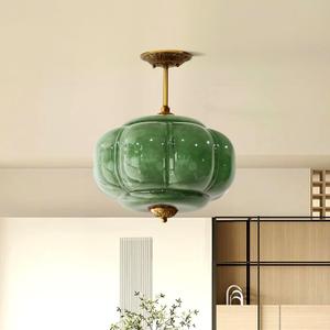 Milk Glass Ceiling Light Fixture - Antique Brass Semi Flush Mount Pendant Light for Kitchen, Hallway, and Bedroom (Green 15 inch)
