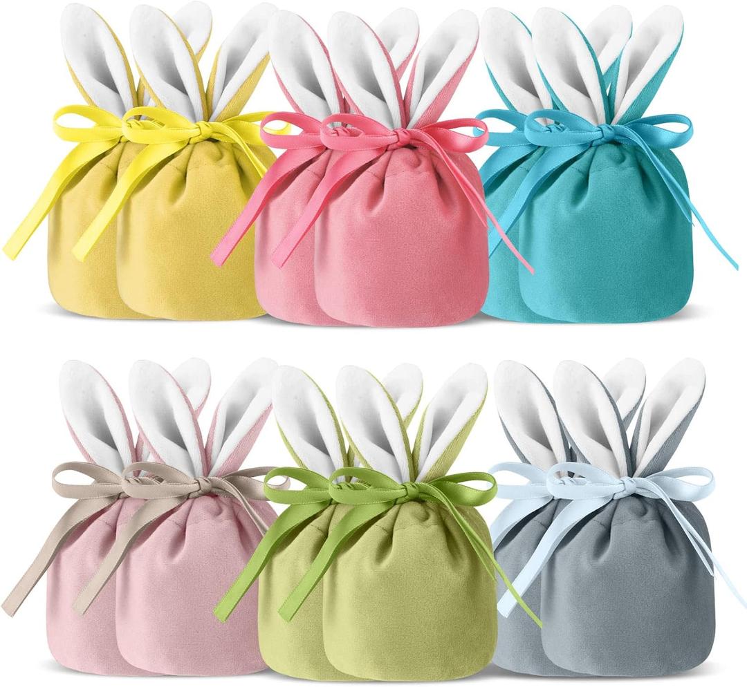 Funtery Easter Bunny Gift Bags Rabbit Ear Velvet Bags with Drawstrings 4.7 x 3.7 Inch Bunny Gift Pouches Party Favors for Baby Kid Basket Party Supplies Candy Treat Jewelry, 6 Color(12 Pcs)
