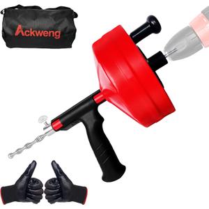 Drain Snake 50 Ft, Plumbing Snake for Sink with Drill Attachment, Snake Drain Clog Remover for Shower Drain, Kitchen, and Sink, Manual or Powered Use, Comes with Gloves and Storage Bag, 1/4 Inch, Red