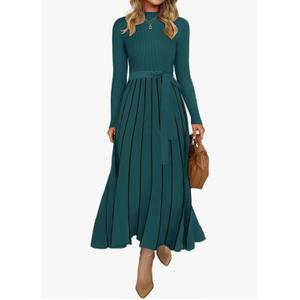 ZESICA Womens 2025 Fall Turtleneck Long Sleeve Sweater Dress Tie Waist Casual Loose Ribbed Knit A Line Midi Dresses Small Teal
