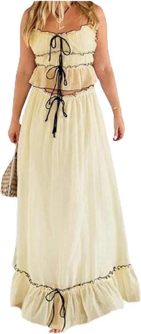 Juakoso Women Y2K 2 Piece Long Skirt Sets Low Cut Sleeveless Tops Flowy Ruffle Maxi Skirt Going Out Outfits Beachwear, Yellow, Small