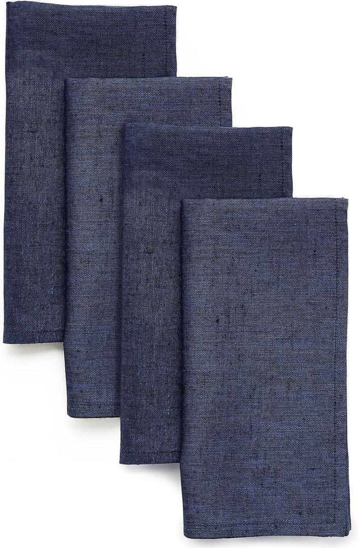 Solino Home Cloth Napkins Set of 4-100% Pure Linen Chambray Navy Dinner Napkins 20 x 20 Inch for 4th of July, Father's Day, Summer - Athena, Handcrafted and Machine Washable