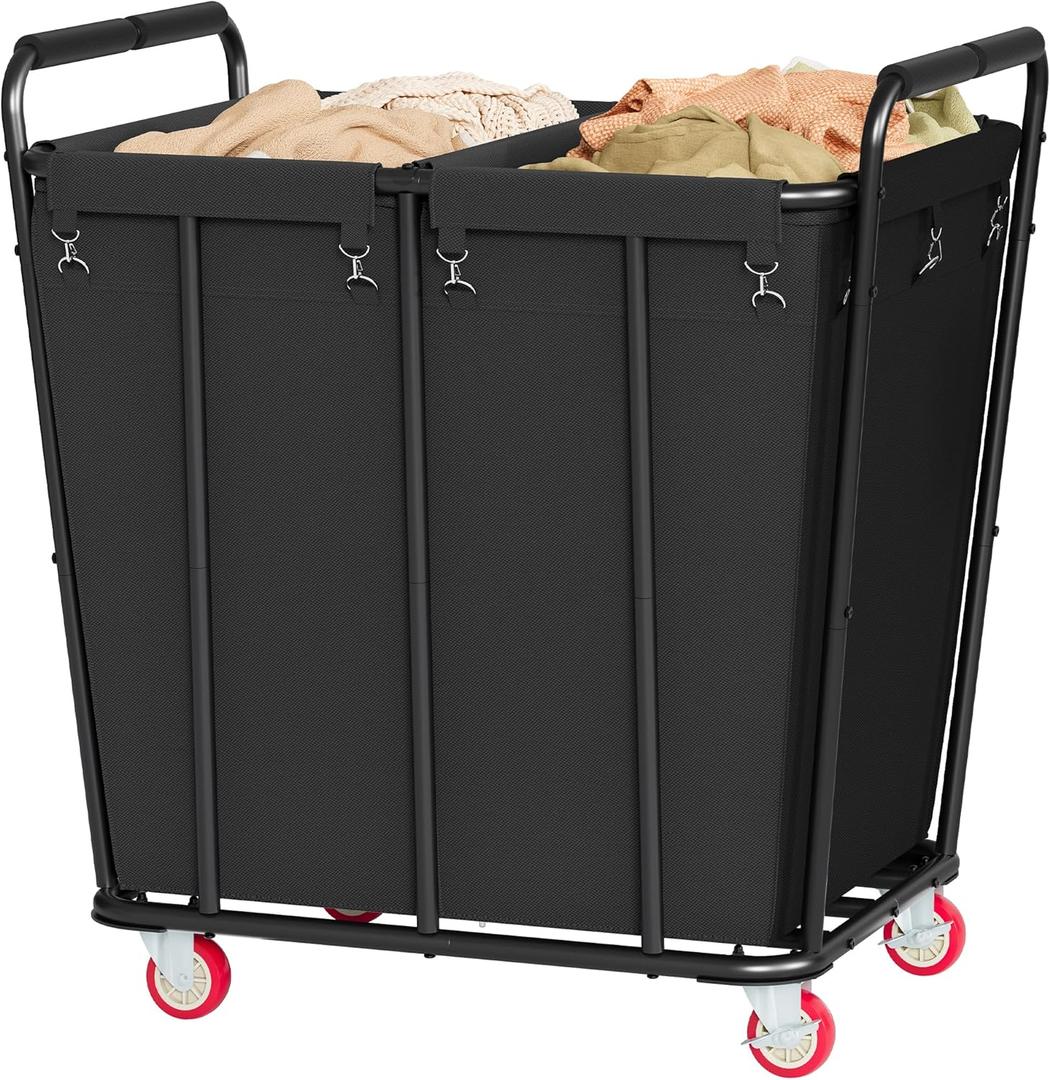 Hoctieon 2 Section Laundry Sorter Cart, 400L Rolling Hamper with Wheels, Industrial Laundry Basket Organizer, Extra Large Dirty Clothes Hamper for Home & Hotel, Heavy Duty, Black
