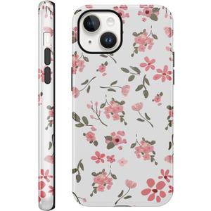 Pink Flower Phone Case for iPhone 13/iPhone 14, Cute Floral Phone Case for Girls Women, Vintage Exquisite Design Anti Scratch Stylish TPU Shockproof 2-in-1 Double Protective Cover