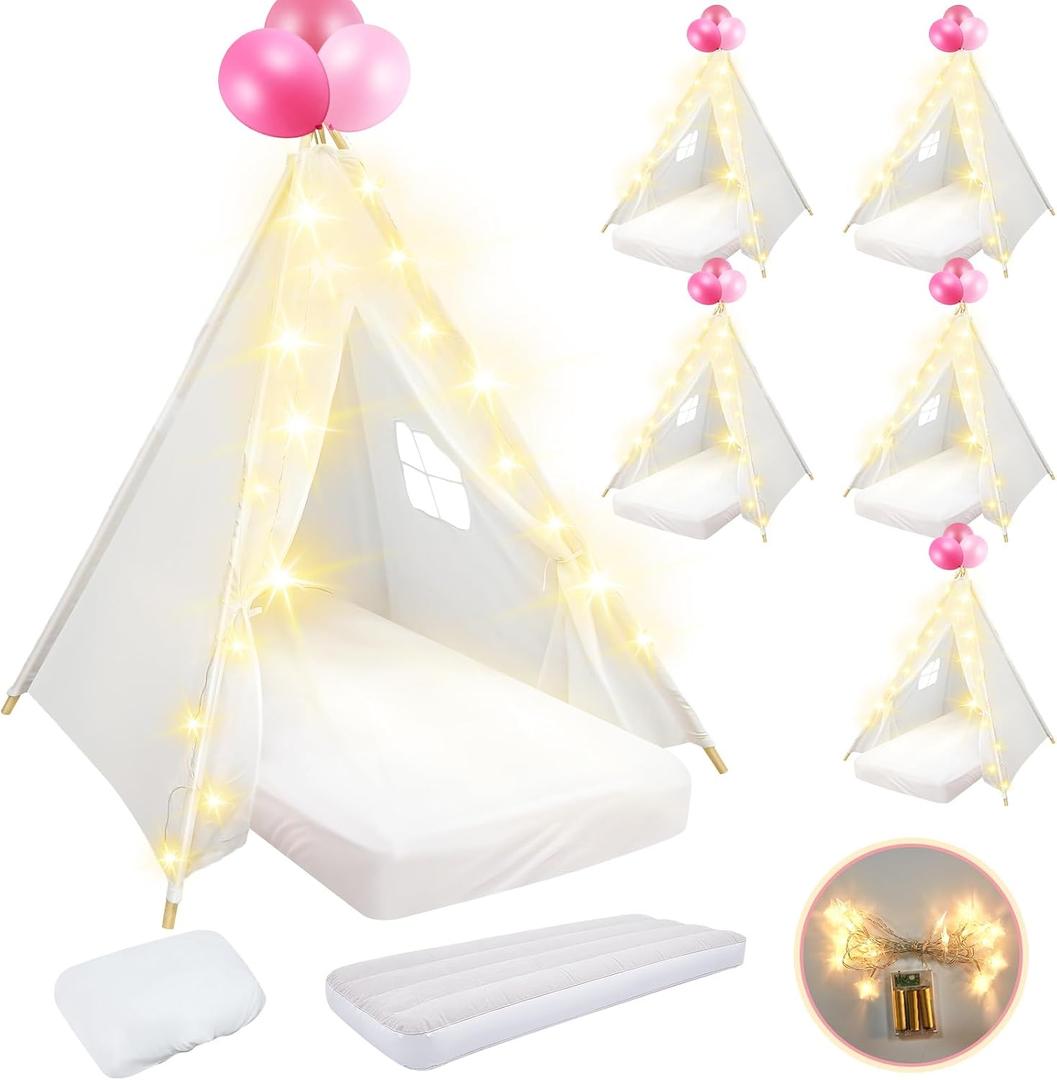6 Pack Sleepovers Teepee Tent for Kids Bulk with Mattress Sheet Light,Natural Cotton Washable Indoor Play Tent for Birthday Slumber Party Girls Boys Pajama Movie Night Supplies(White)