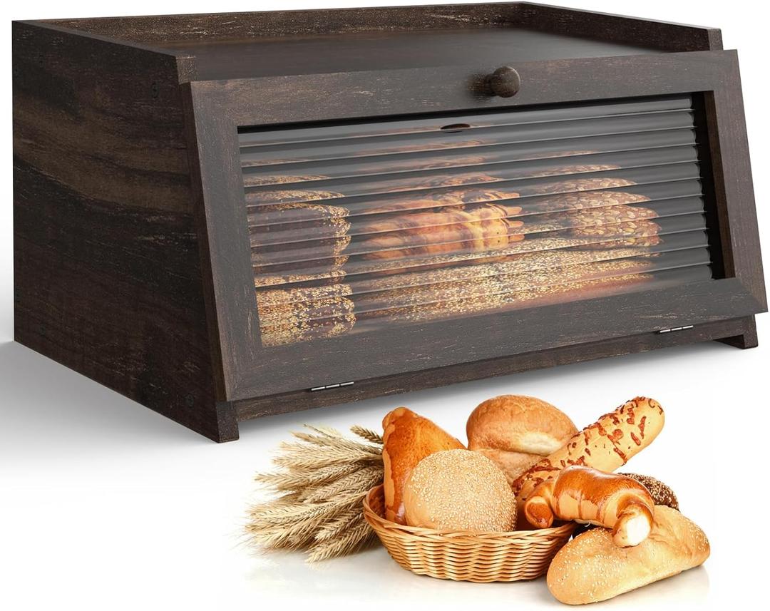 Bread Box for Kitchen Countertop Large Farmhouse Bread Container Bread Storage with Window Wooden Bread Holder (Carbonized)