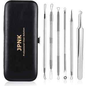 JPNK Blackhead Remover Tool Comedones Extractor Acne Removal Kit for Blemish, Whitehead Popping, 6 Pcs Zit Removing for Nose Face Tools with a Leather Bag (Silver)