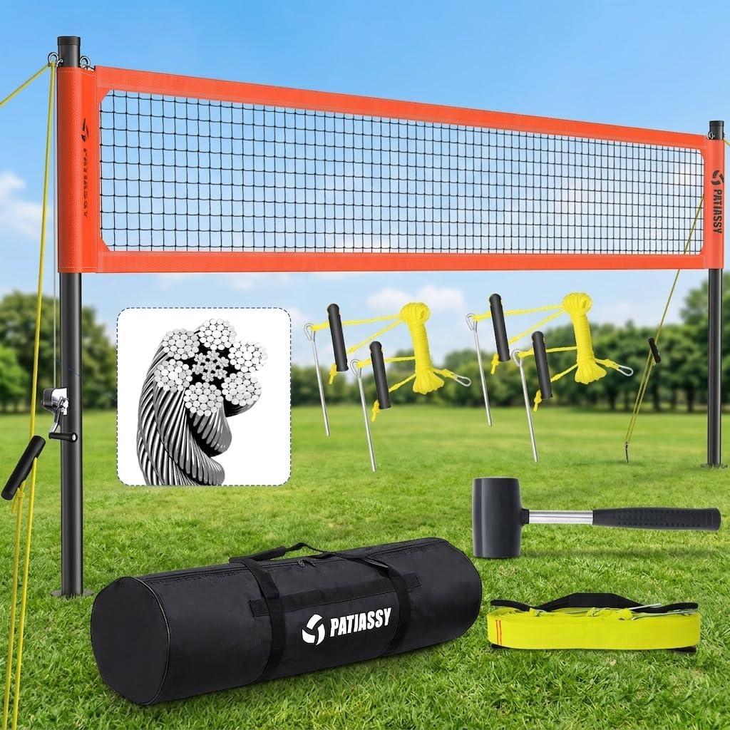 Professional Heavy Duty Volleyball Net Set for Backyard & Beach, Outdoor Net System with Steel Anti-Sag Winch, 32FT Reinforced Net, Height Adjustable Rust-Resistant Aluminum Poles, Portable Carry Bag