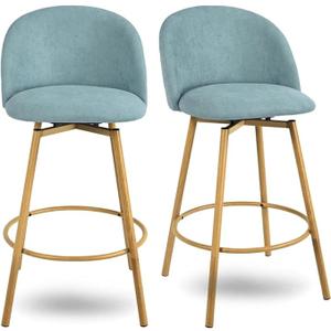 Homy Casa 27.6" Velvet Bar Stool Set of 2 – Soft Cloud-Touch Seat with Curved Back, Wood Grain Metal Legs & Armless Design for Kitchen Island or Home Bar, Aqua