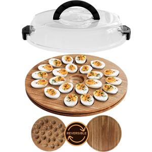 Trauful Deviled Egg Carrier with Lid and Handle | Reversible | Wooden Portable Deviled Egg Containers with Lid for Party Travel | Covered Platter Tray Holder | Holds 22 Eggs, Acacia Wood