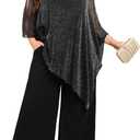 ZOMVA Plus Size Mother of The Bride Pant Suits Dressy 2 Piece Asymmetric Cape Set with Pockets Wedding Guest Outfit (XX-Large Plus, Sparkly Black)