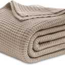 Bedsure Gentlesoft 100% Cotton Blanket Queen Size for Bed - Cooling Breathable and Soft for Summer, Thick Cozy Waffle Weave Blanket Gifts for Women, Taupe, 90x90 Inches