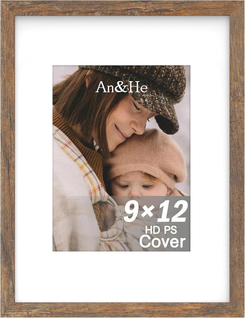 An&He 9x12 inch Picture Frame, Brown Simple Photo Frame for Decorative Artwork, Suitable for Tabletop, Desk, Bookshelf and Wall Display, Photo Gallery Decor