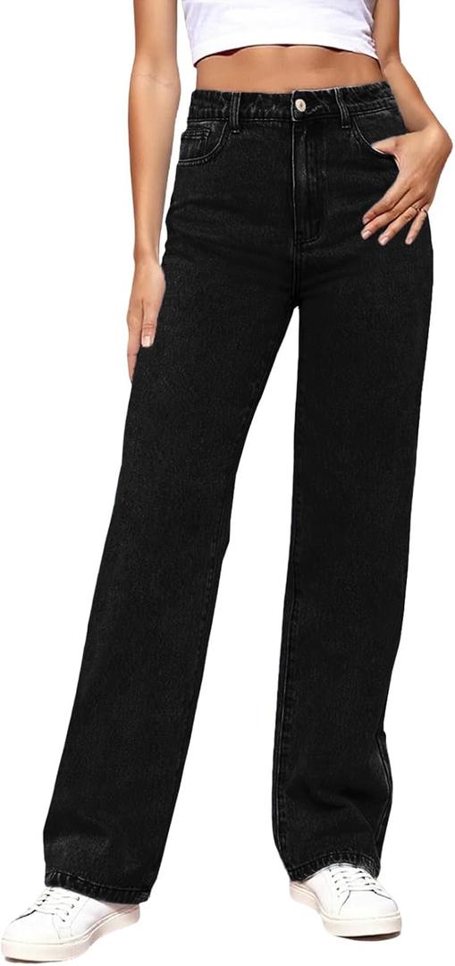 Women's Straight Leg Jeans Tummy Control Trendy High Waisted Stretchy Casual Denim Pants Baggy Trousers (Black, S)