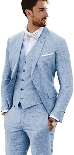 Furuyal Linen Suit 3 Pieces Vintage Retro Wedding Prom Suits Slim Fit Jacket Blazer Groom Tuxedos, XXL, Blue