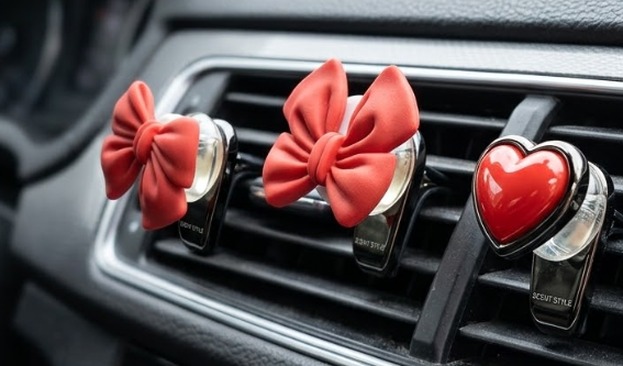 Bow Heart Car Air Freshener Clips, 4 Pcs Cute Car Air Vent Clip, Coquette Auto Air Conditioning Outlet Diffuser Perfume Clips, Interior Decoration, Auto Decor for Women Girls (Red, 1.69in)