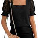 ANRABESS Womens Dressy Casual Blouses 2026 Summer Work Shirts Lace Square Neck Puff Sleeve Tee Tops Spring Fashion Clothes Black Large